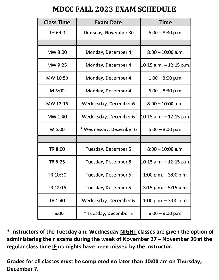 MDCC Exam Schedule